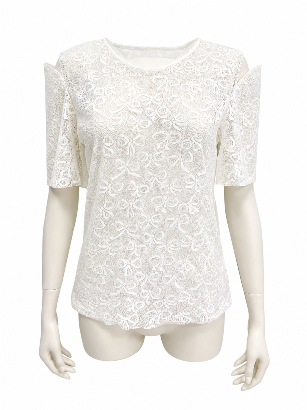 BOW PATTERN LACE HALF-SLEEVE TOP（WHT）