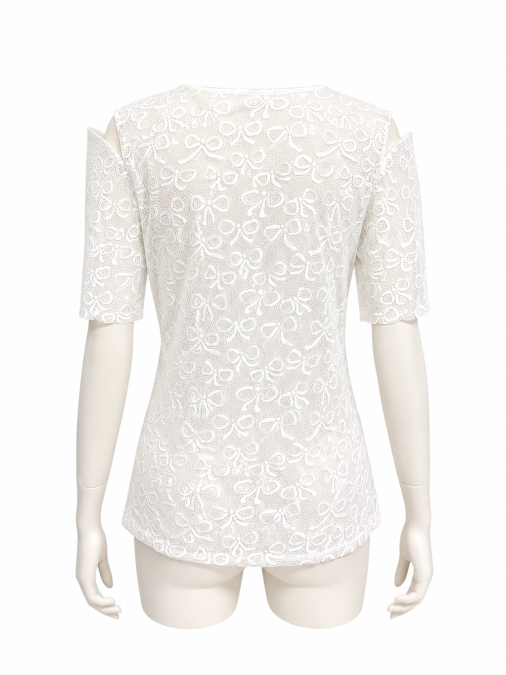 BOW PATTERN LACE HALF-SLEEVE TOP（WHT）