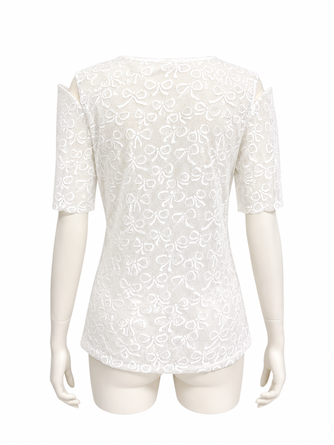 BOW PATTERN LACE HALF-SLEEVE TOP（WHT）