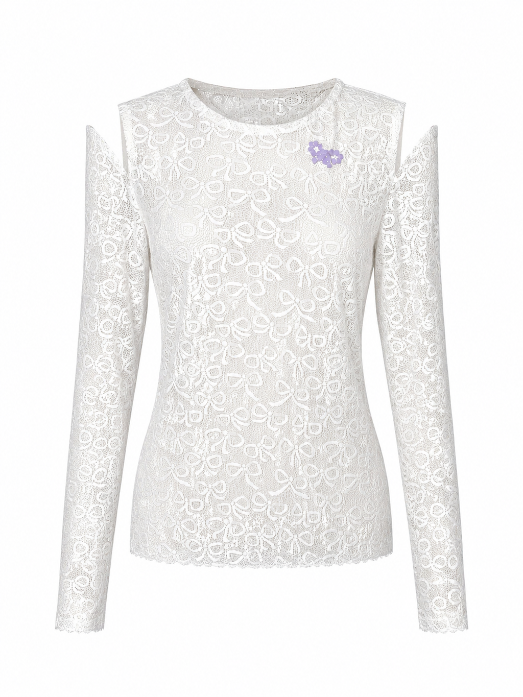 Bow Pattern Lace Long-sleeve Embroidery Top