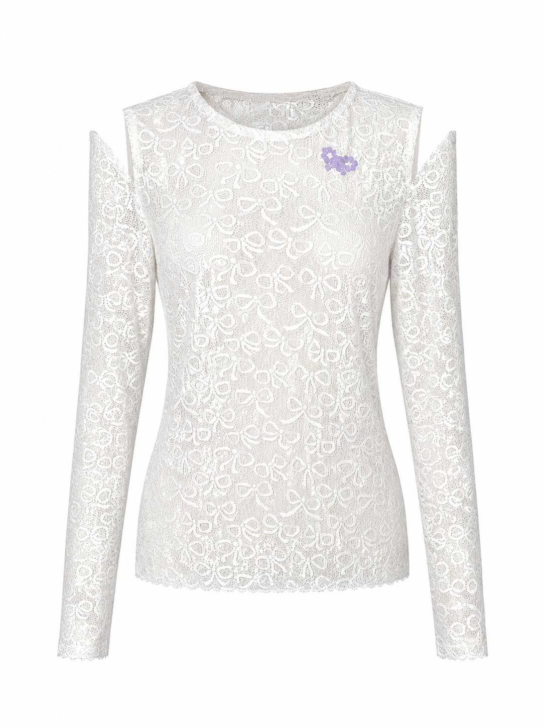 Bow Pattern Lace Long-sleeve Embroidery Top