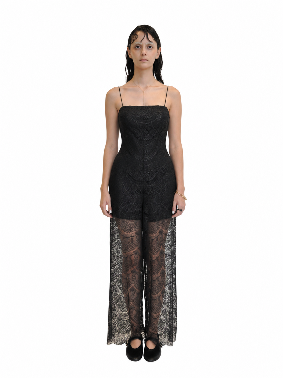 【Pre-Order】Scalloped Foiled Lace Jumpsuit（BLK）