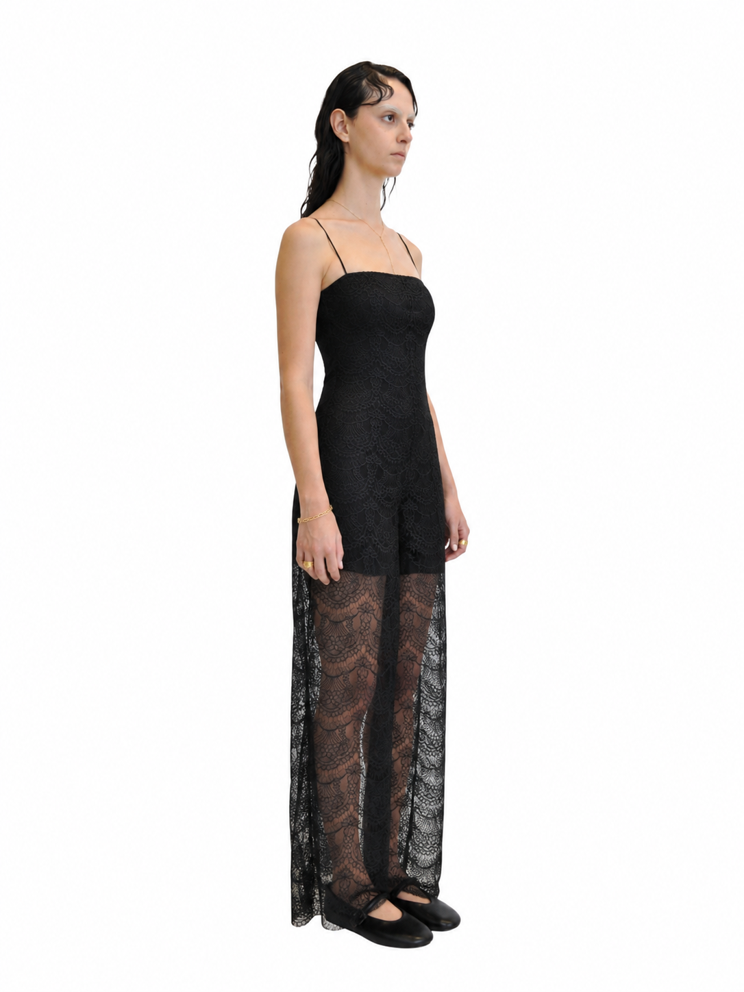 【Pre-Order】Scalloped Foiled Lace Jumpsuit（BLK）