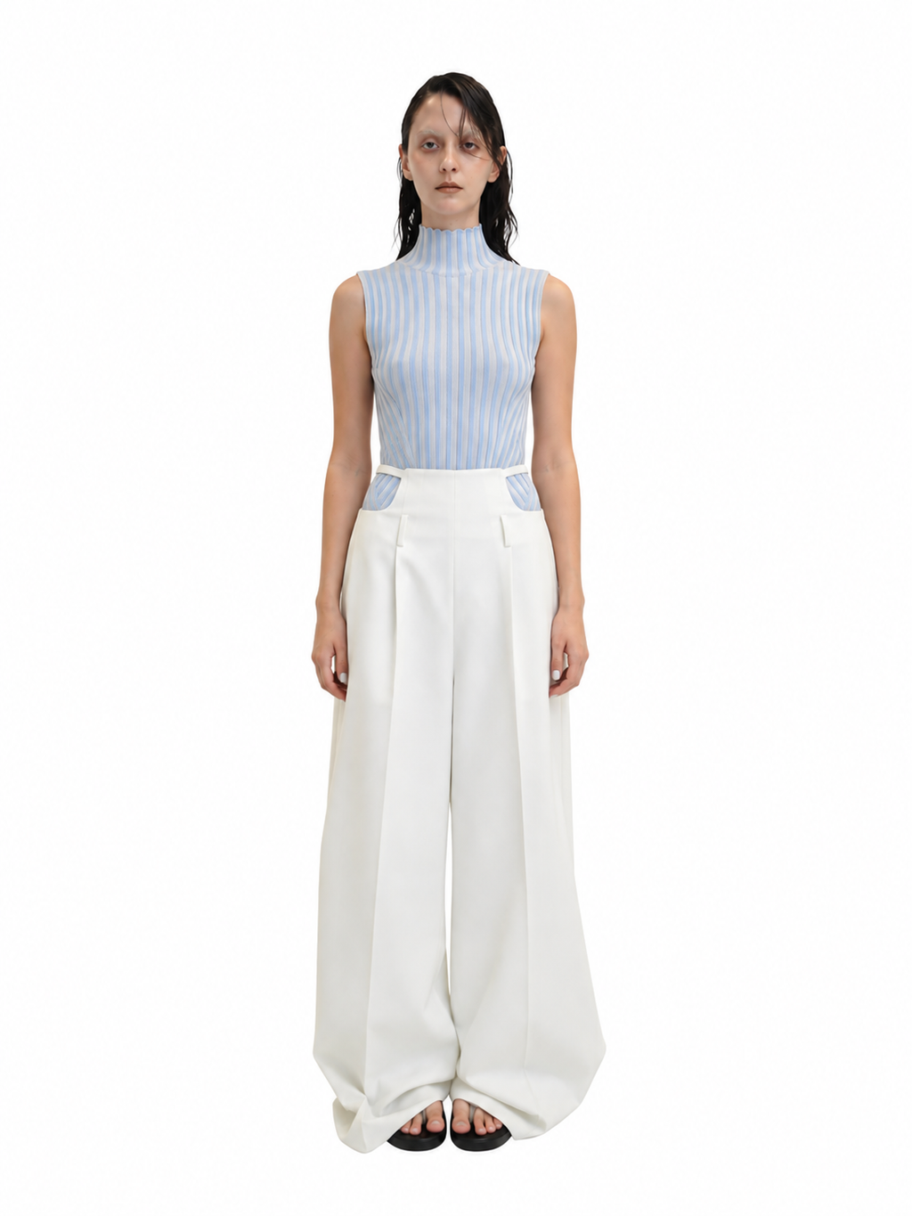 【Pre-Order】No-Sleeve Striped Rib Knit Top（BLU）