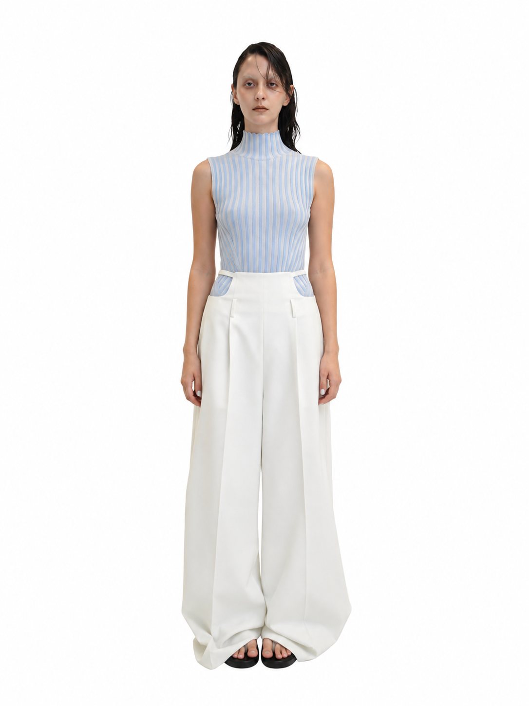 【Pre-Order】No-Sleeve Striped Rib Knit Top（BLU）