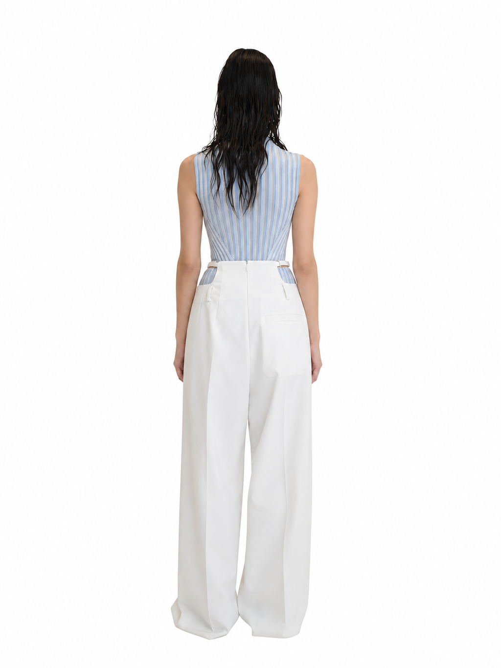 【Pre-Order】No-Sleeve Striped Rib Knit Top（BLU）