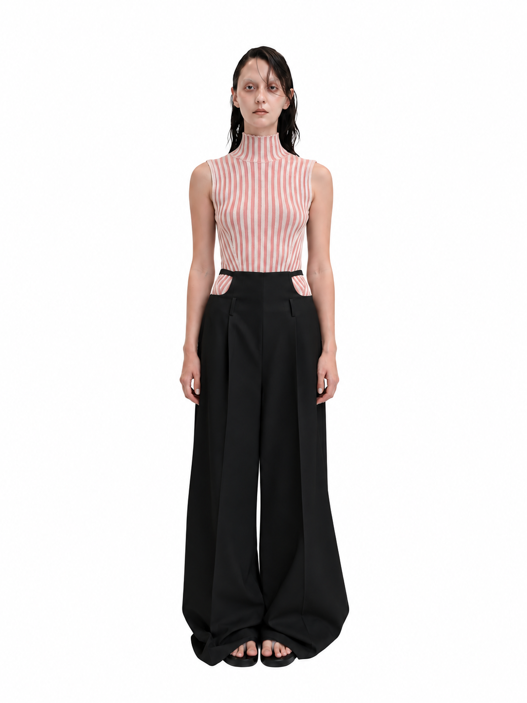 【Pre-Order】No-Sleeve Striped Rib Knit Top（PNK）
