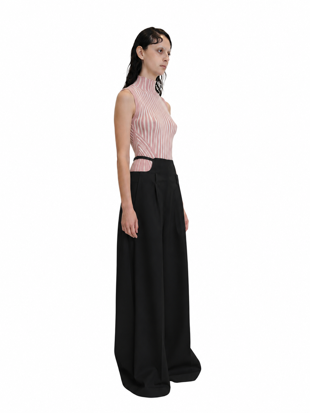 【Pre-Order】No-Sleeve Striped Rib Knit Top（PNK）