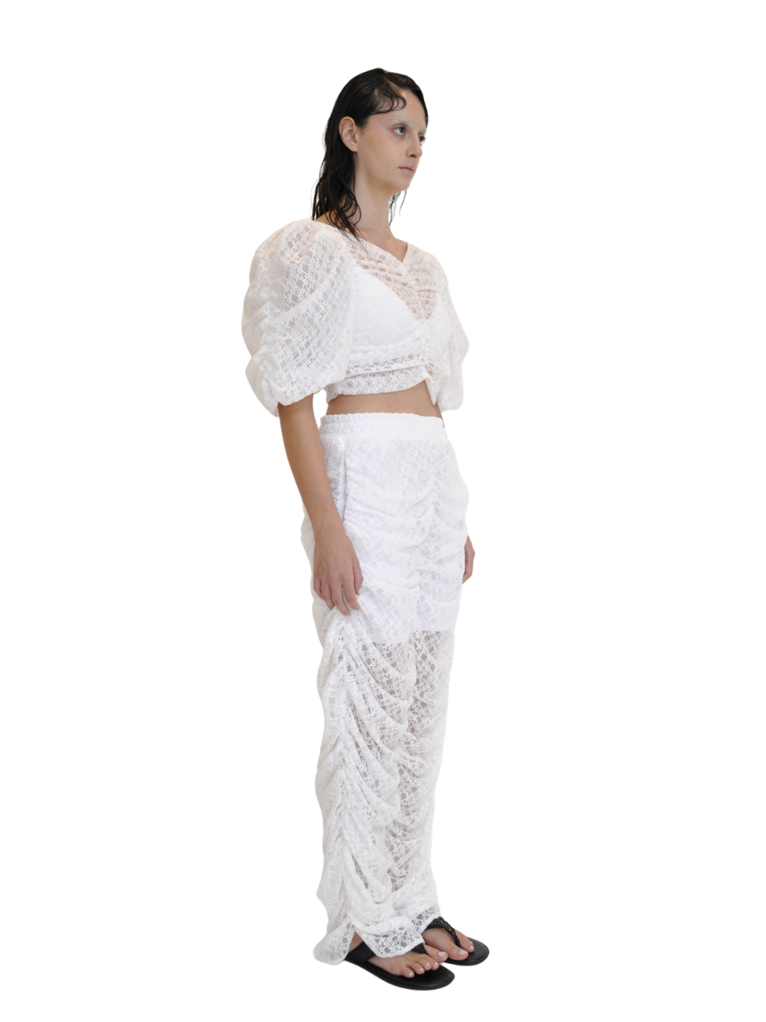 【Pre-Order】Sheer-Gathered Lace Pants（WHT）