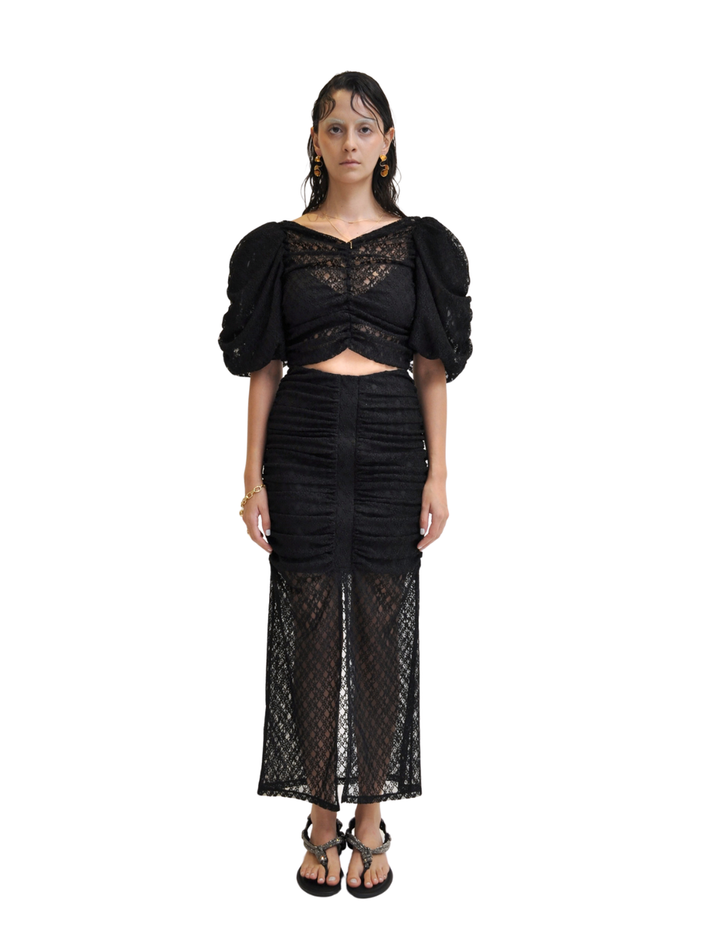 【Pre-Order】Puff-Sleeve Cropped Lace Top（BLK）