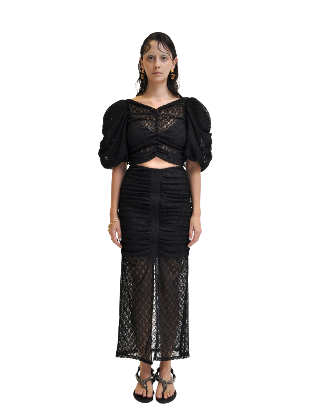 【Pre-Order】Puff-Sleeve Cropped Lace Top（BLK）