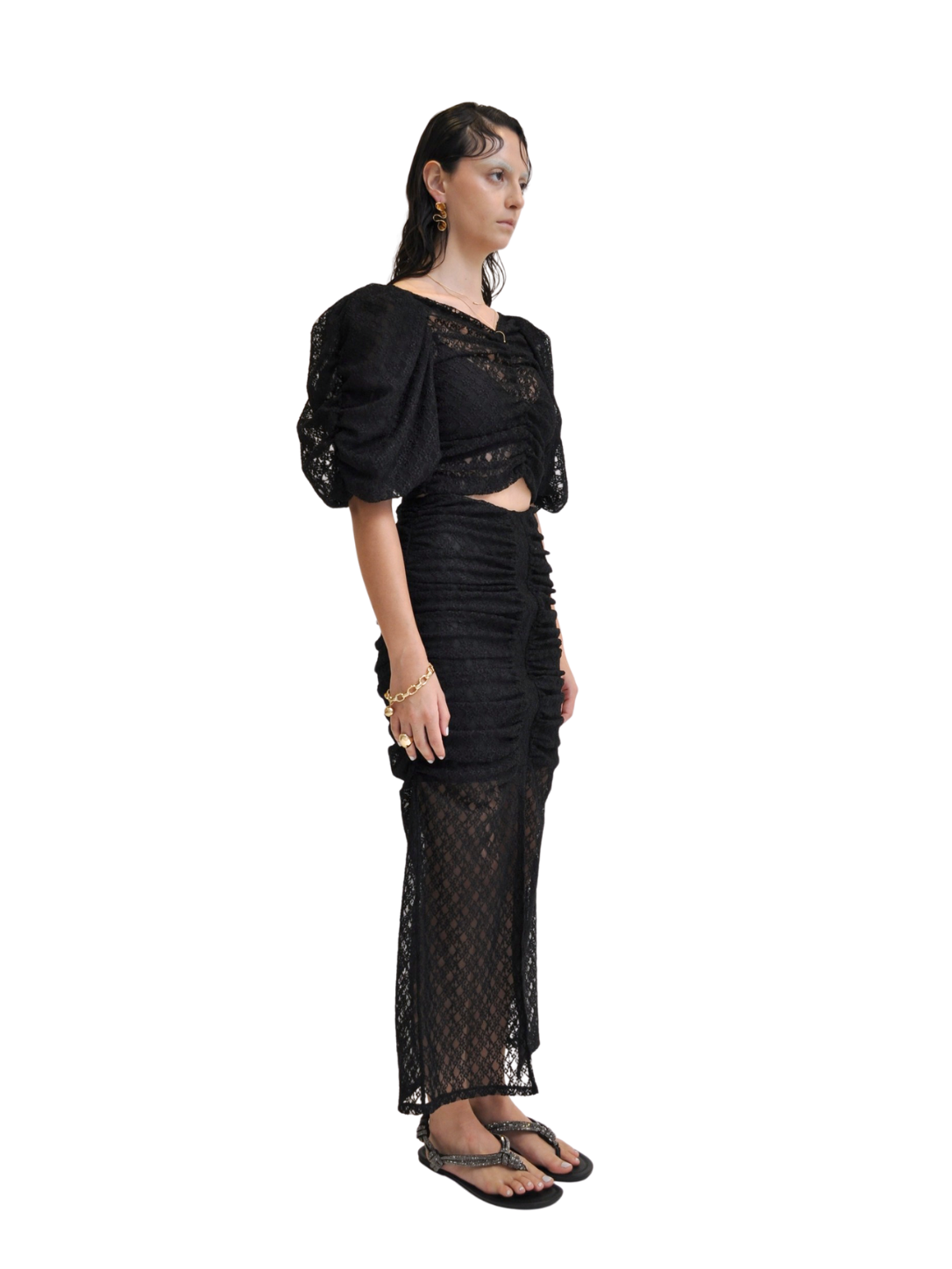 【Pre-Order】Puff-Sleeve Cropped Lace Top（BLK）