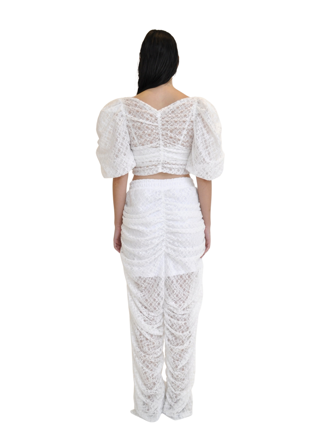 【Pre-Order】Puff-Sleeve Cropped Lace Top（WHT）