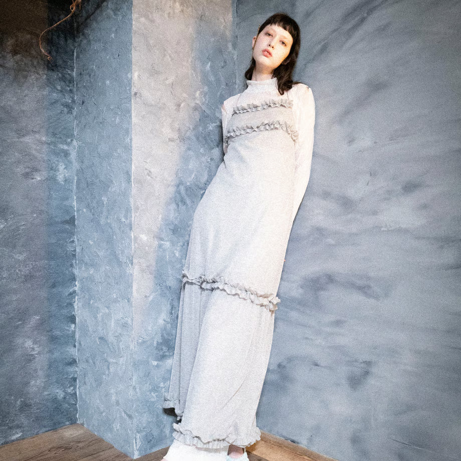 Sheer Lamé Jersey Ruffle Apron Dress