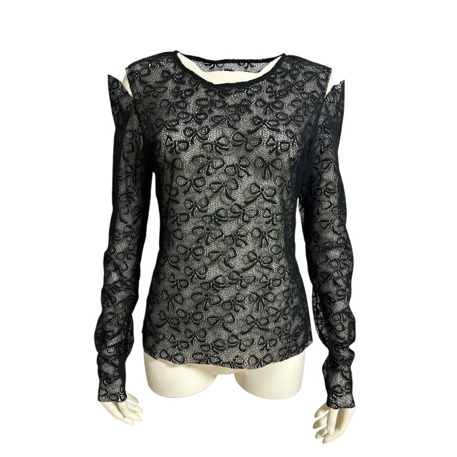 BOW PATTERN LACE LONG-SLEEVE TOP（BLK）