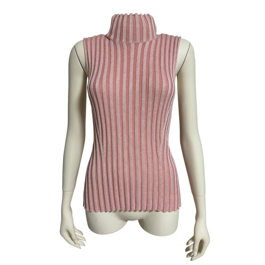 NO-SLEEVE STRIPED RIB KNIT TOP (PNK)