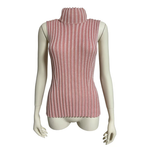 NO-SLEEVE STRIPED RIB KNIT TOP (PNK)