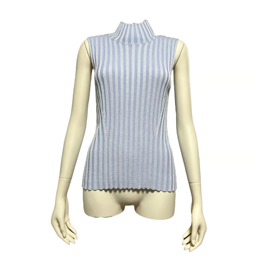 NO-SLEEVE STRIPED RIB KNIT TOP (BLU)