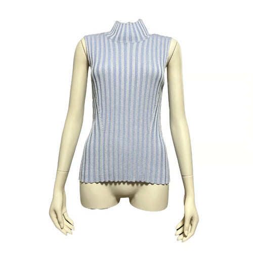 NO-SLEEVE STRIPED RIB KNIT TOP (BLU)